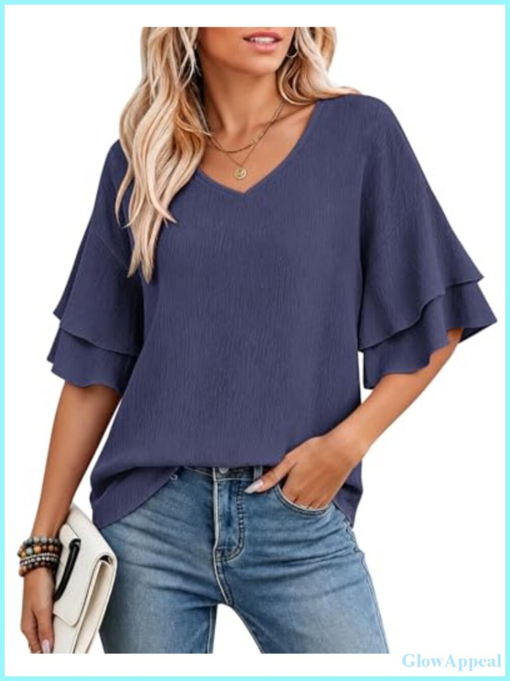 Ruffle Short Sleeve Blouse for Women Dressy Casual V-Neck
